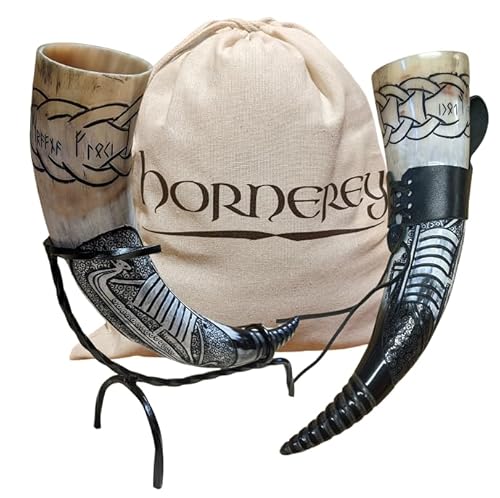 Hornerey Trinkhorn Set Floki's Horn mit Ständer und Gürtelhalter, 500 ml, Wikinger Trinkhorn Set mit Ständer und Gürtelhalter, Methorn, LARP, Horn