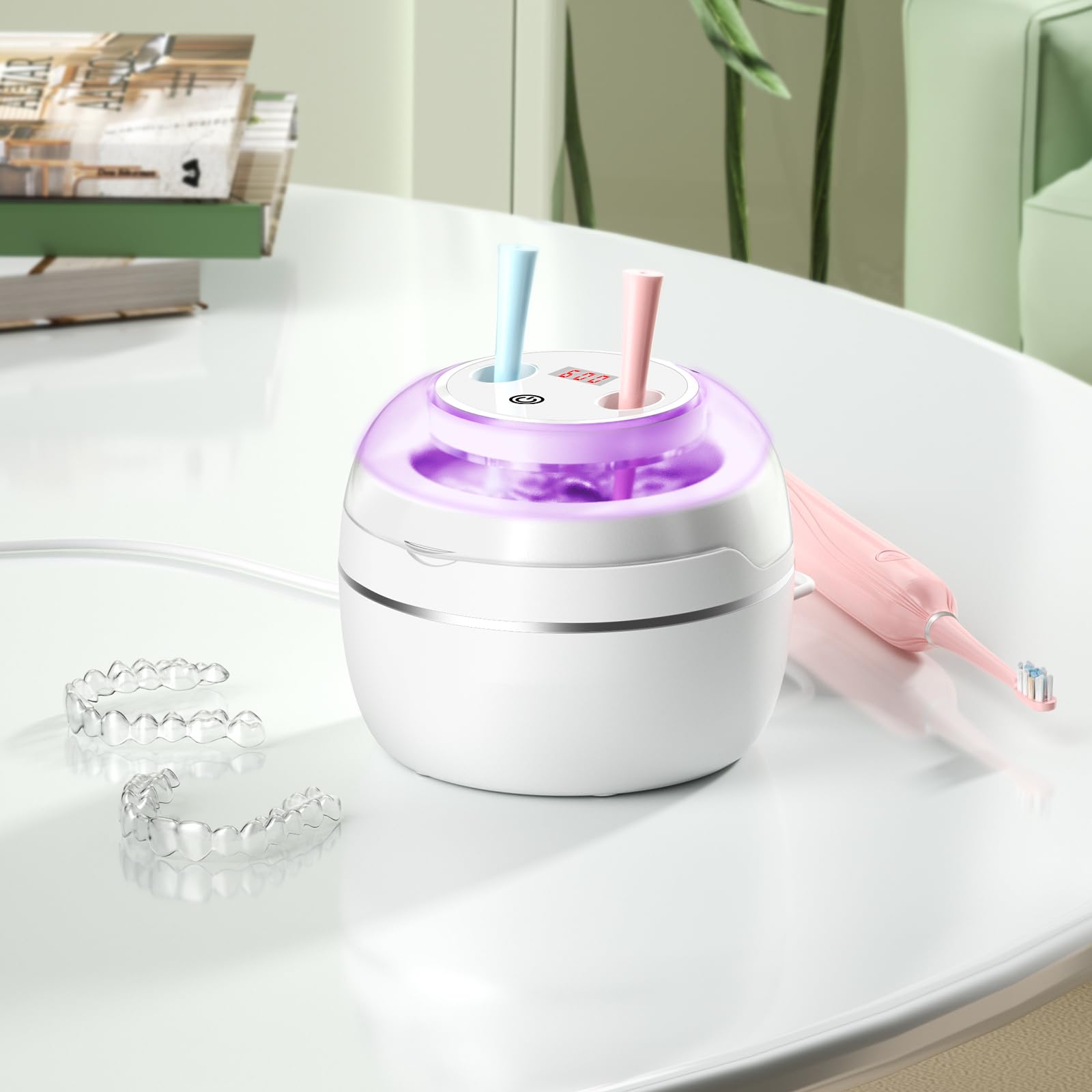 Nettoyeur Ultrasons 50000Hz Bac Ultrasons avec Lampe UV et 4 Modes, 250ML Ultrasonic Retainer Cleaner Dental Pod Dentaire pour Prothèses Dentaires, Gouttière Dentaires, Retainer, Bijoux, Blanc