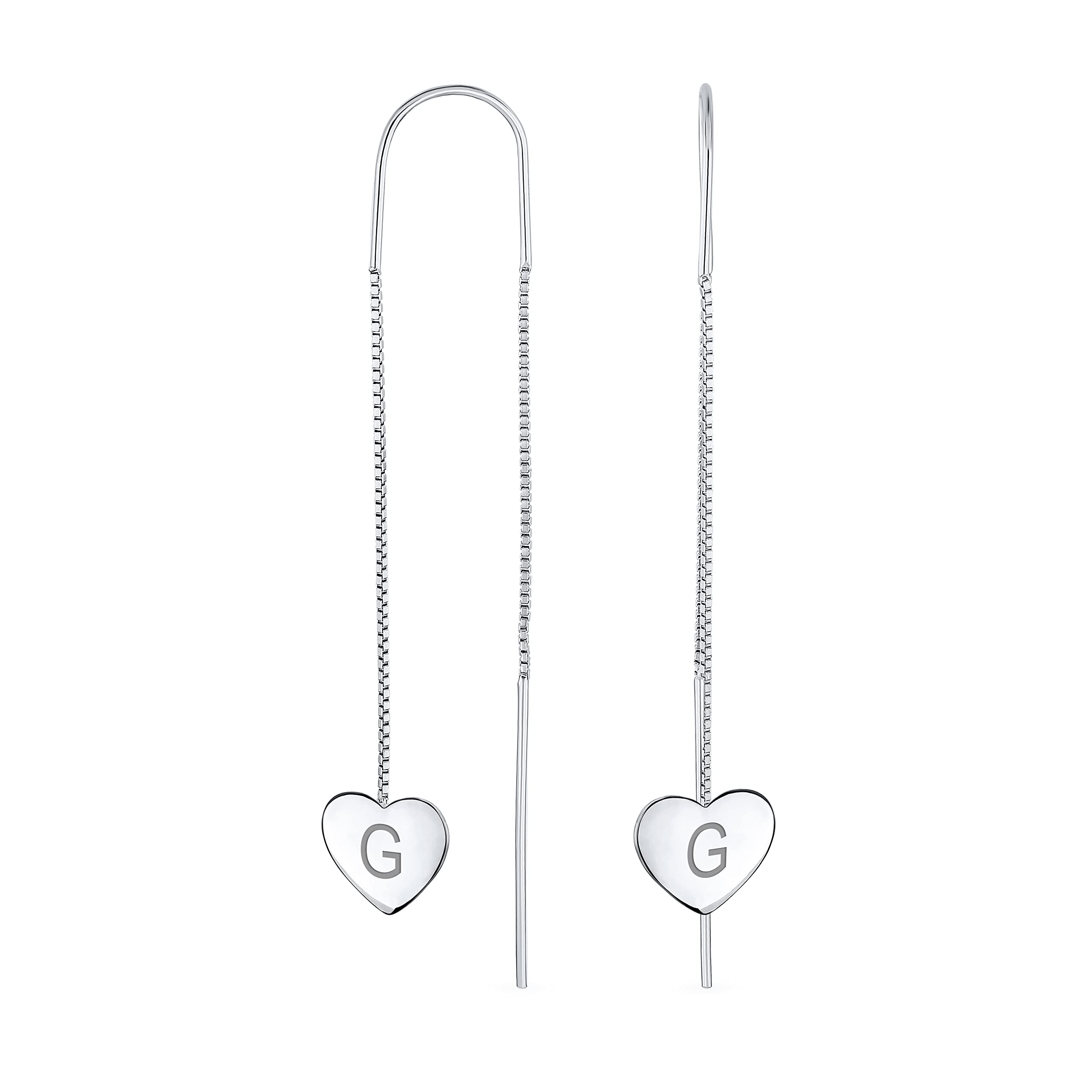 Pendientespersonalizados Con La Inicial De La Letra Del Alfabeto G, Sencillos, Ligeros, Largos Y Planos, Enhebrados Con Cadena De Corazónes, De Plata De Ley .925, Con Gancho En Ur, Grabados A Medida