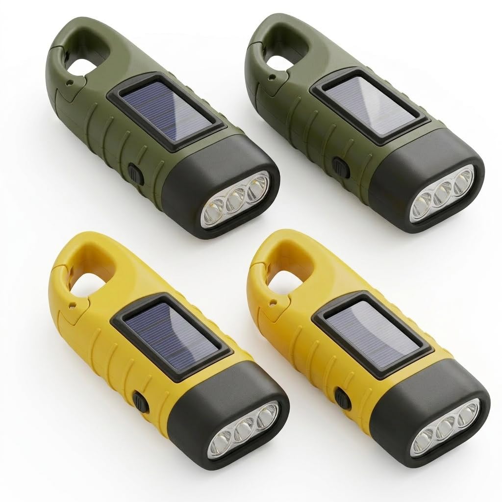 2 Pack Wind Up Solar Torch Led, Hand Crank Torch Camping Solar Powered Torchs with Carabiner Hook Super Bright Portable Survival Emergency Flashlight for Hiking,Outdoor,Survival Gear (2Yellow+2Green)