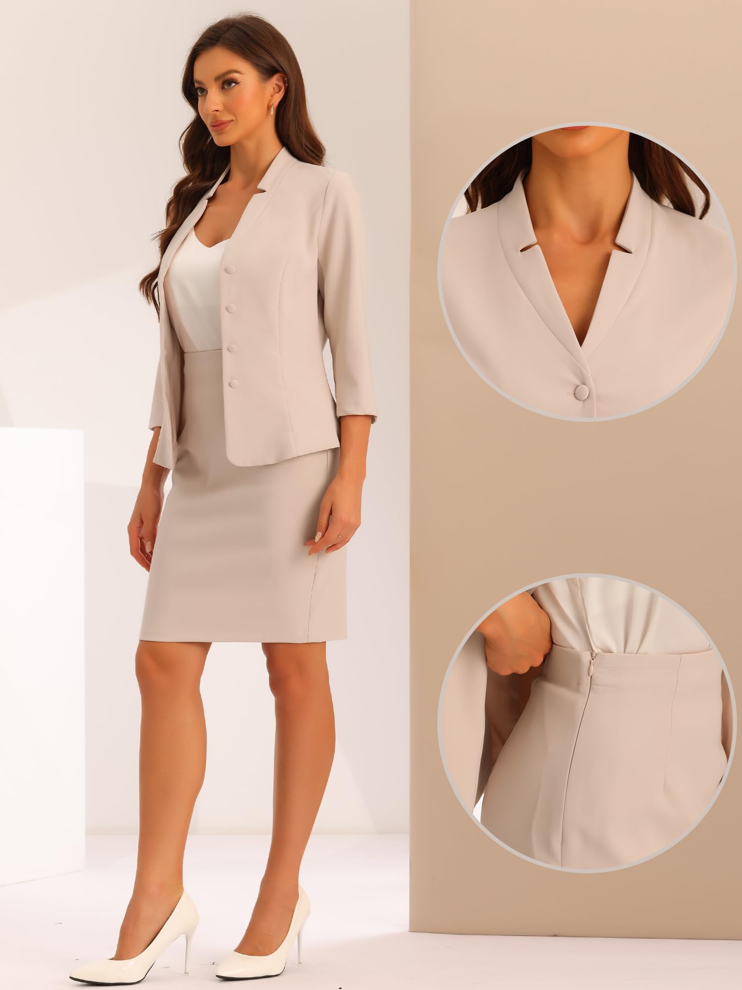 Allegra K Ensemble de Costume Femme Tailleurs-Jupe Professionnel Tenues 2 Pièces Col Cranté Blazer Bottonné d'affaires Jupe Crayon