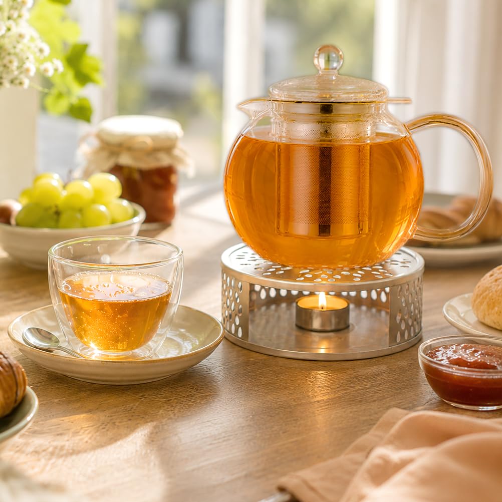 Creano Teekanne aus Glas 1,7l + EIN Stövchen aus Edelstahl, 3-teilige Glasteekanne mit integriertem Edelstahl Sieb und Glasdeckel, ideal zur Zubereitung von losen Tees, tropffrei Küche, Haushalt & Wohnen