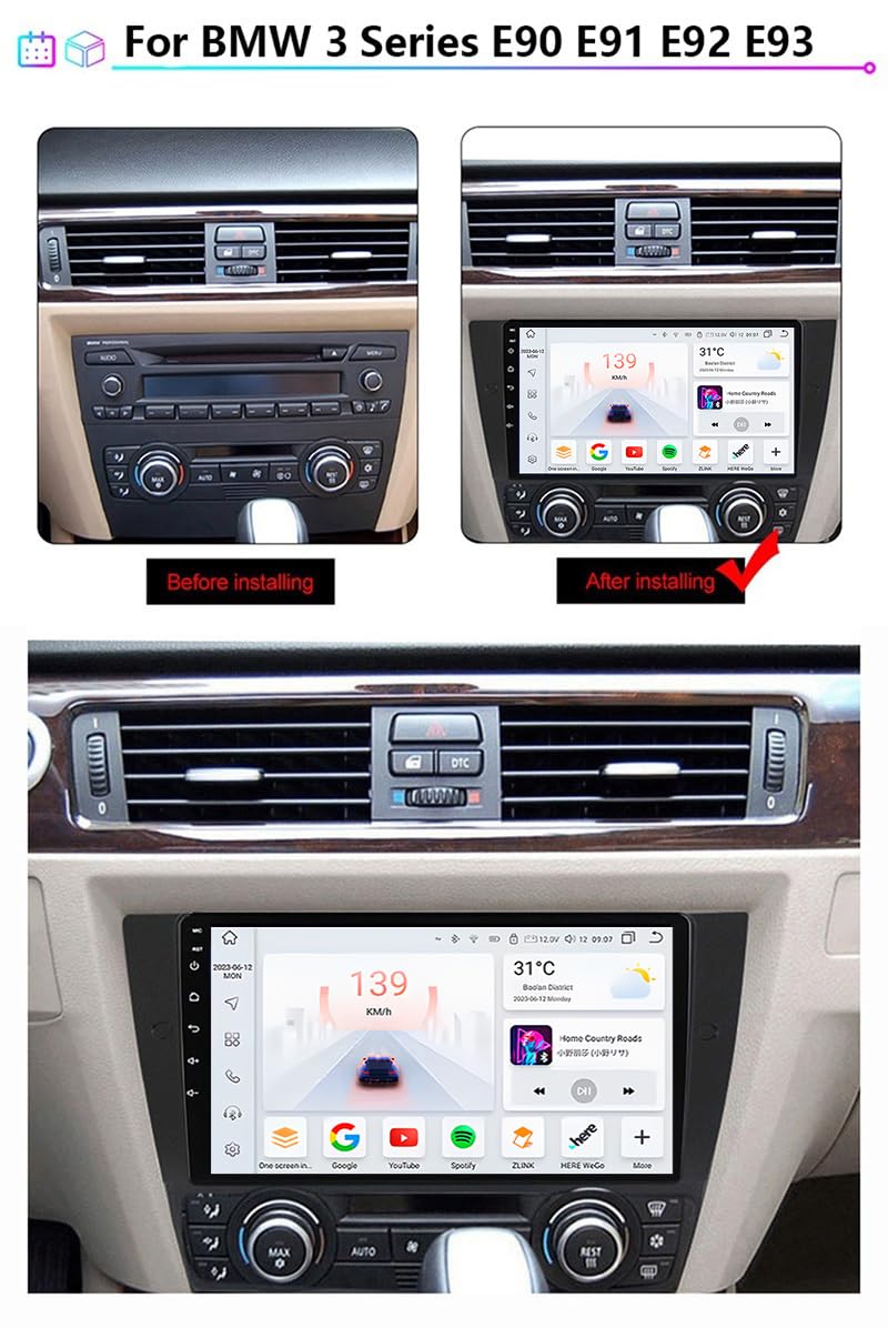 Autoradio Android 15 pour BMW 3 Series E90 E91 E92 E93 9'' Écran Tactile Capacitif Bluetooth Auto Radio Lecteur De Voiture Mirrorlink Fonction Bluetooth RDS AM FM USB,4CoreWifi2G+64G