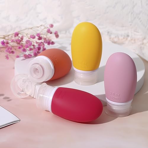 Miniatura 6 de Botellas de viaje de silicona a prueba de fugas, paquete de 4 unidades de 2 onzas líquidas, accesorios portátilesrecipientes de cosméticos, sin BPA,
