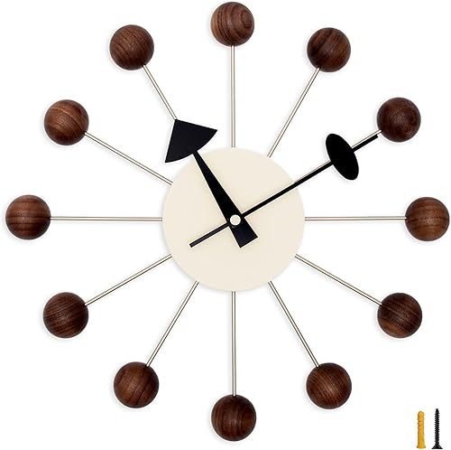 Reloj de pared de mediados de siglo, réplica George Nelson Ball Clock para decoración retro moderna (nogal de 13 pulgadas)