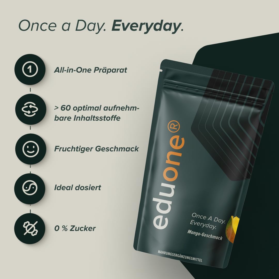 edubily® eduone - Greens Pulver - All-In-One Drink mit Vitaminen, Mineralien & Pflanzenstoffen - Mit Darmbakterien, Vitalpilzen und Meat Based Bioactive Compounds (MBBCs) (360 g, Mango)