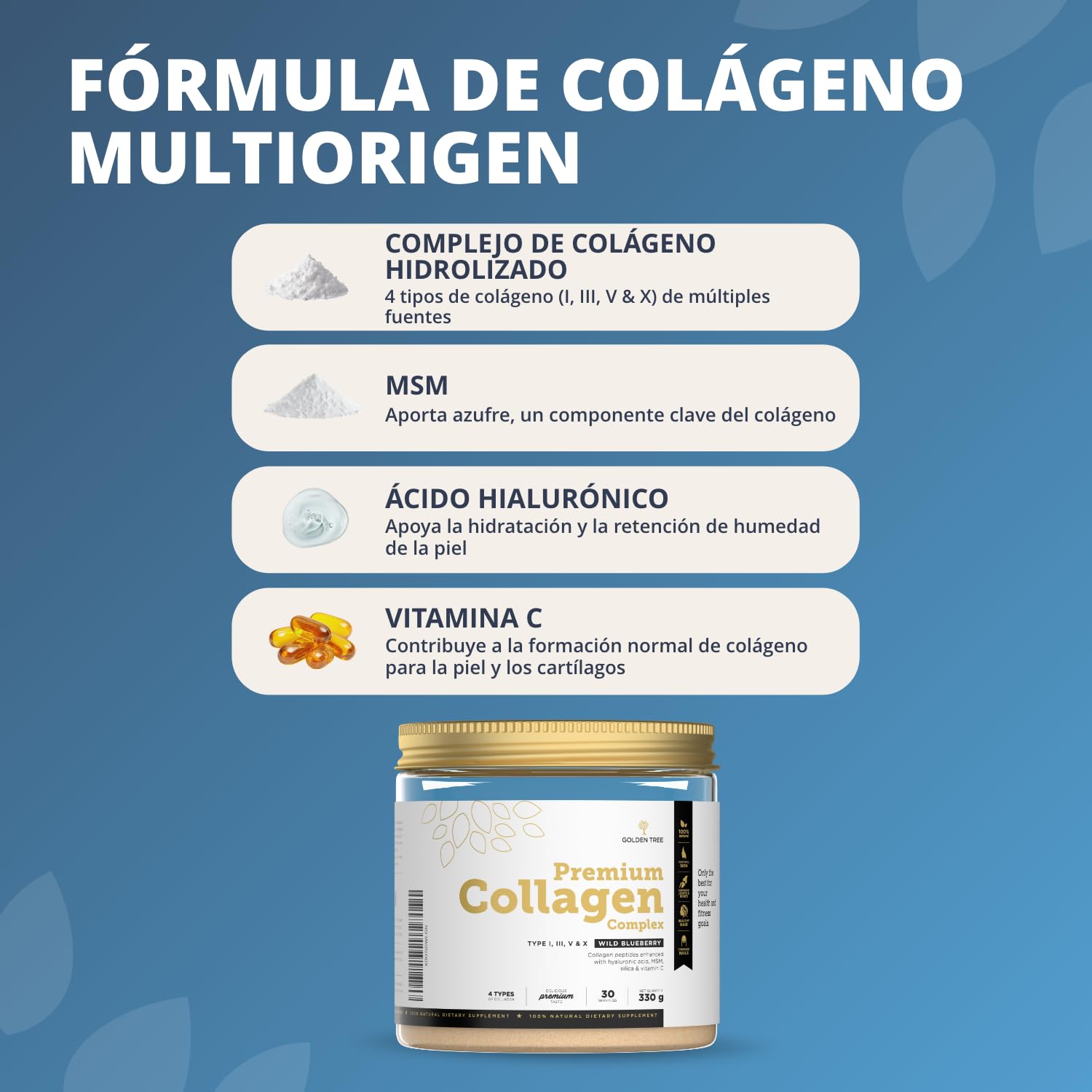 Golden Tree Premium Collagen Complex, 330 g, 30 Porciones | Colágeno en Polvo con MSM, Ácido Hialurónico, Vitamina C, Silicio, Péptidos de Colágeno, Tipos I III V X