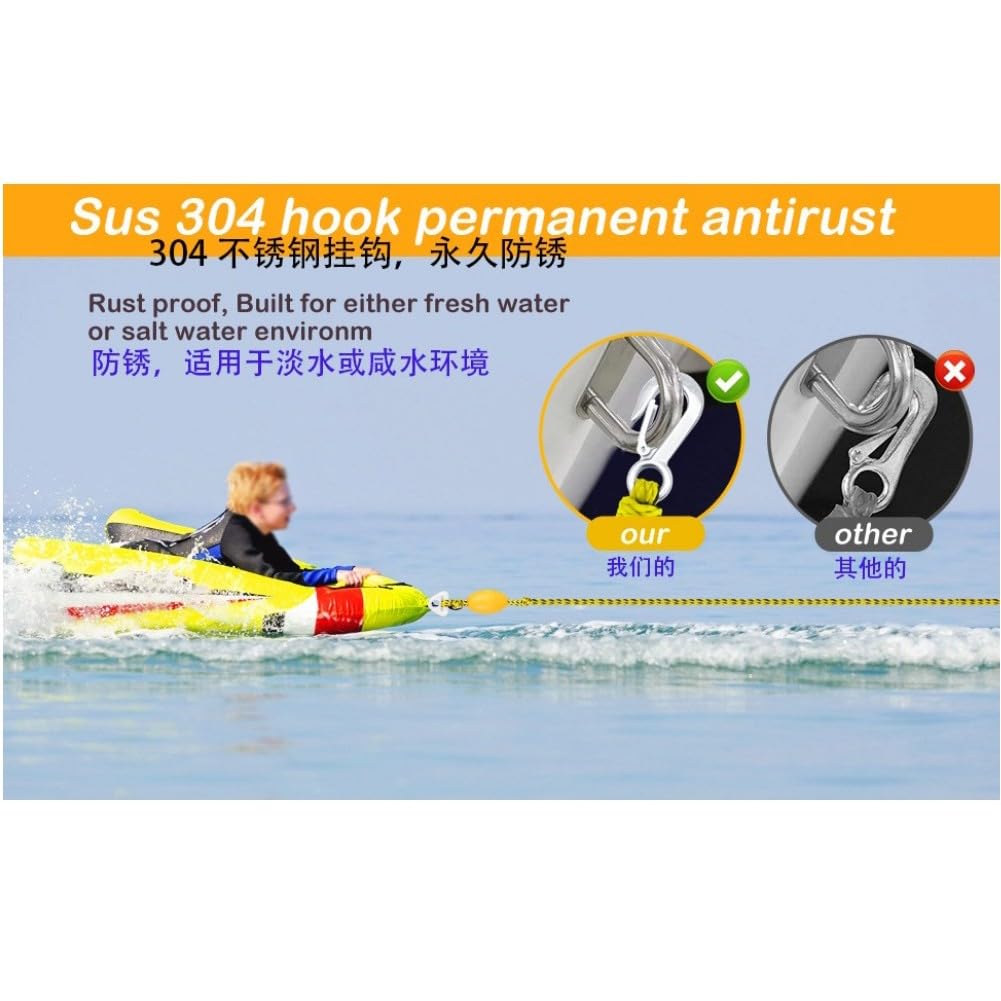 Corda da traino a doppio gancio, per kayak e surf, portata 2800 libbre, corda resistente ai raggi UV da 2,6 m con chiusura rapida, per jet ski, ponton, wakeboard