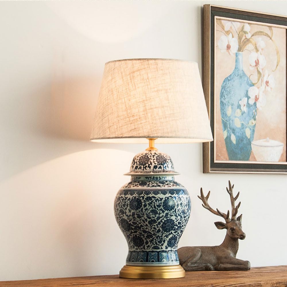 SGKOMN Ceramic Chinoiserie Table Lamp Traditional Bedside Desk Nightstand Lamp For Bedroom Living Room Office College Bookcase Bulb Not Included, Blue/White-43 * 74cm