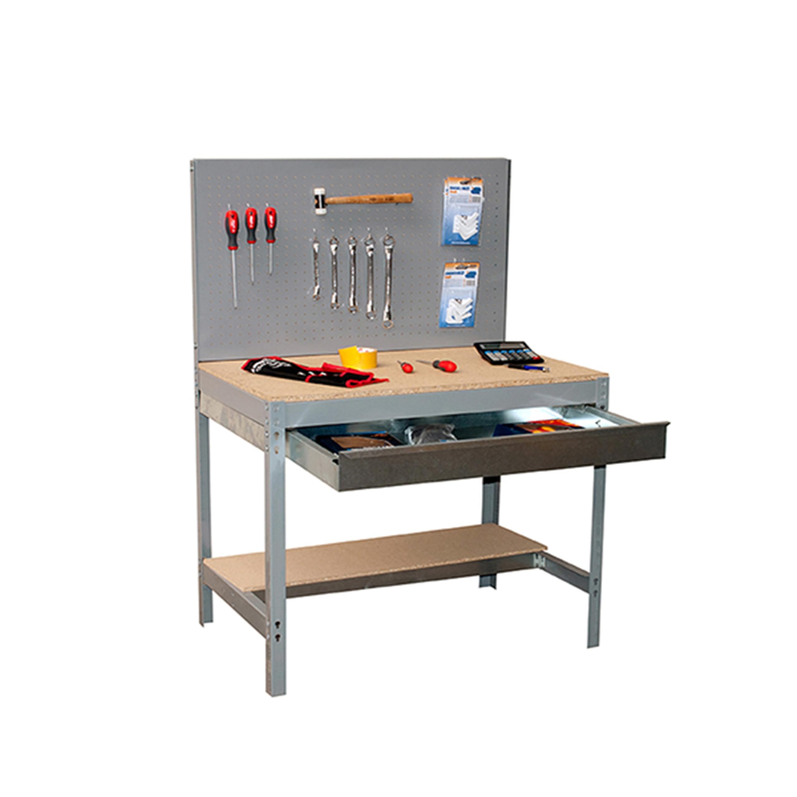 Simon Rack Banco da lavoro con pannello forato e cassetto 910x610 mm - BT2 | Pannello forato e cassetto, Piano in legno 16 mm, Portata 400 kg, Vernice anticorrosione, Montaggio sistema a clic, Grigio