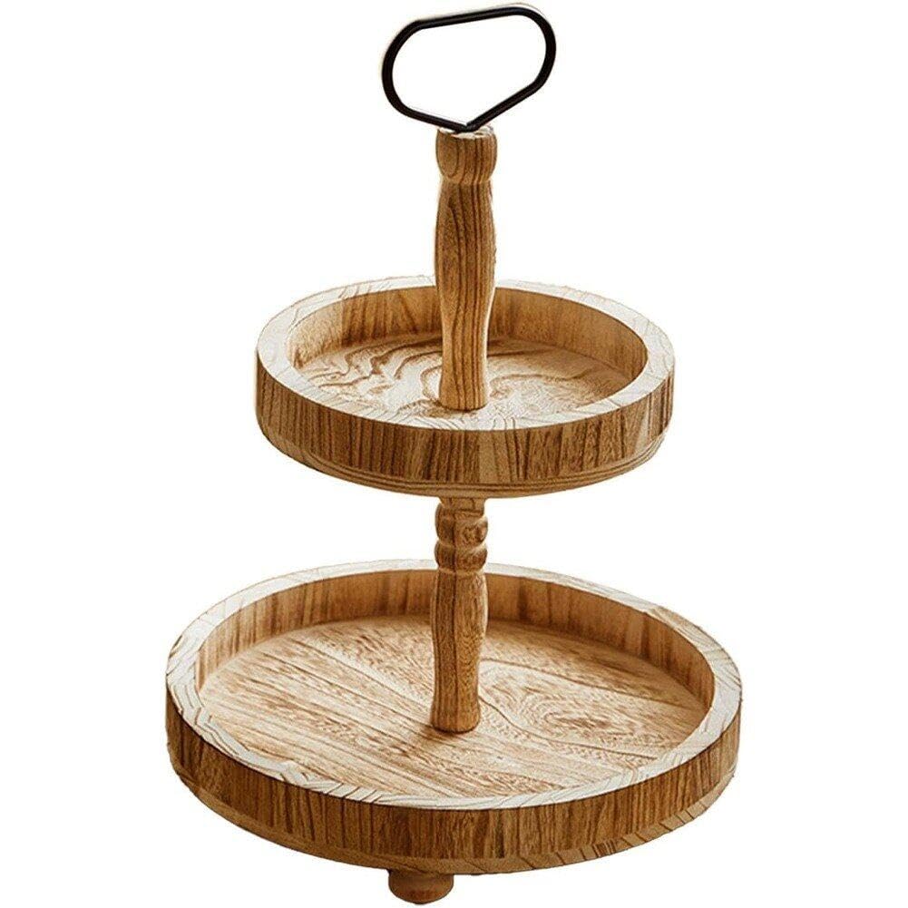 Soporte de madera para tartas de 2 niveles, bandeja redonda desmontable, elegante soporte de exhibición de repostería para postres, vitrina de panadería, perfecto para fiestas y eventos
