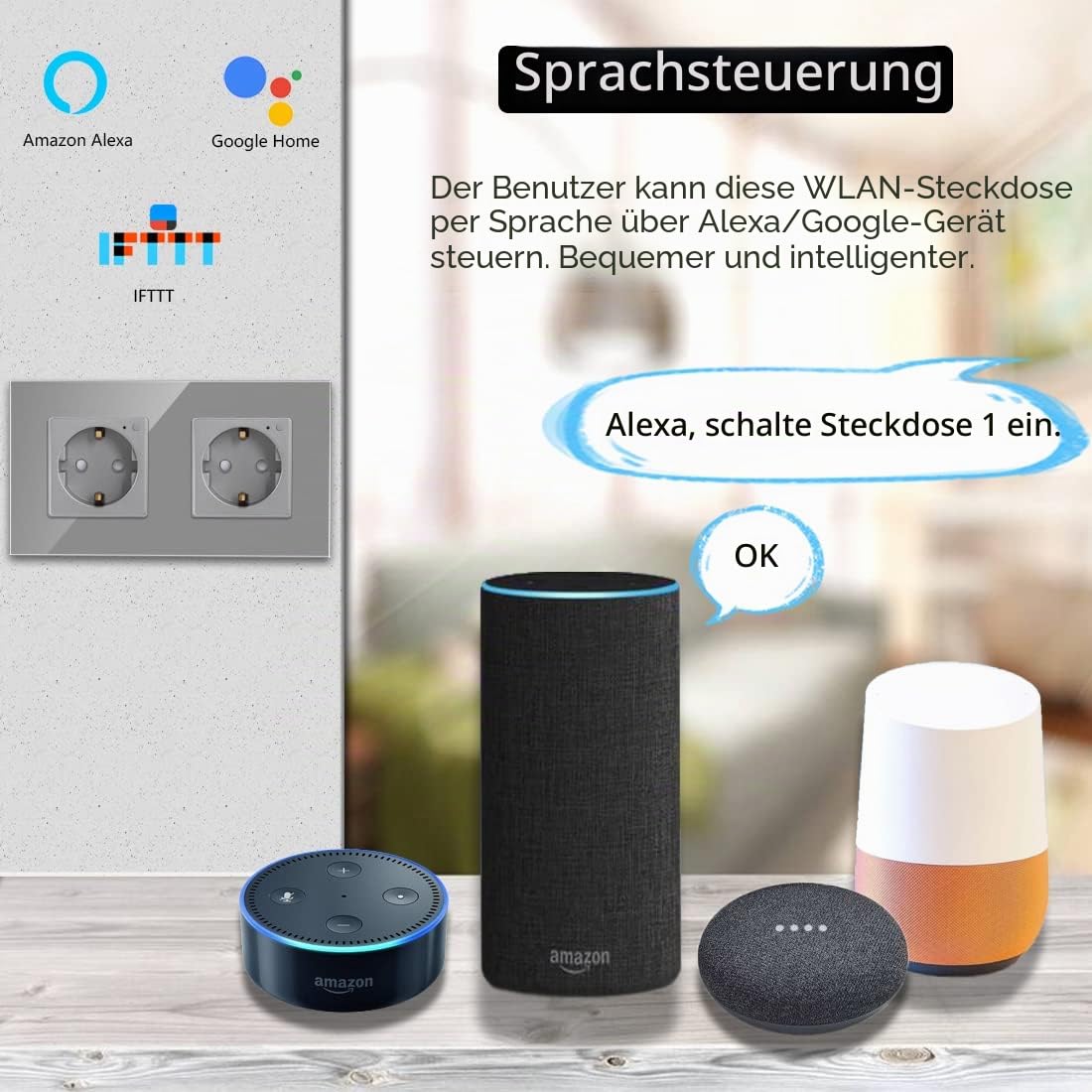 CNBINGO WLAN Schuko Steckdose Unterputz, 16 Amp Glas Smart Steckdose Arbeit mit Alexa(Echo, Echo Dot), Google Assistant, APP Steuerung, Nur 2.4 GHz WiFi, 2 Fach, Grau, 2er Pack