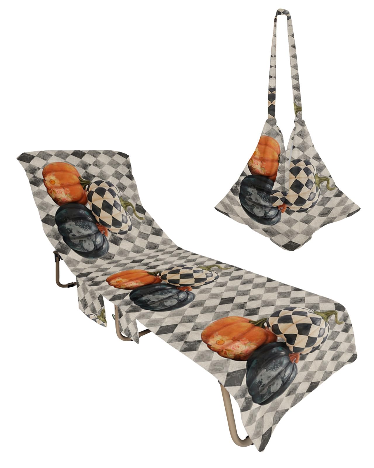 Pumpkins Floral, Beach Lounge Chair Towel Cover, Soft Chaise Lounge Towel with Side Pockets Patio Pool Chairs Cover for Beach/Pool Sunbathing 29x85 Shabby Chic Fall Thanksgiving Plaid Black Orange