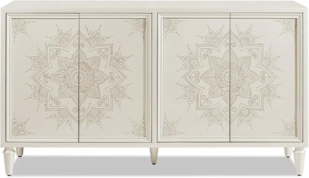 Jennifer Taylor Home JTH Luxe Mahal 63" Hand Painted Mandala Lacquered Sideboard, Ivory Off-White Lacquer