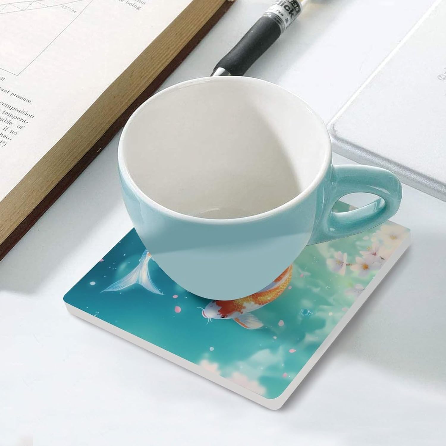 Japanese Fish Printed Ceramic Coasters Square Drinks Coaster Coffee Table Decor Table Coaster for Home Bar
