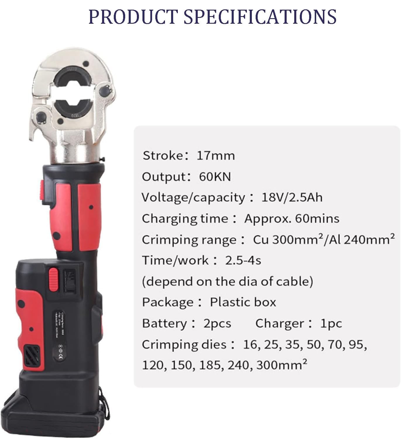 Herramienta de crimpado hidráulica eléctrica, crimpadora de terminales de cable de alto rendimiento. Kit de herramientas para terminales de cables eléctricos, rango de 16 a 300 mm² red