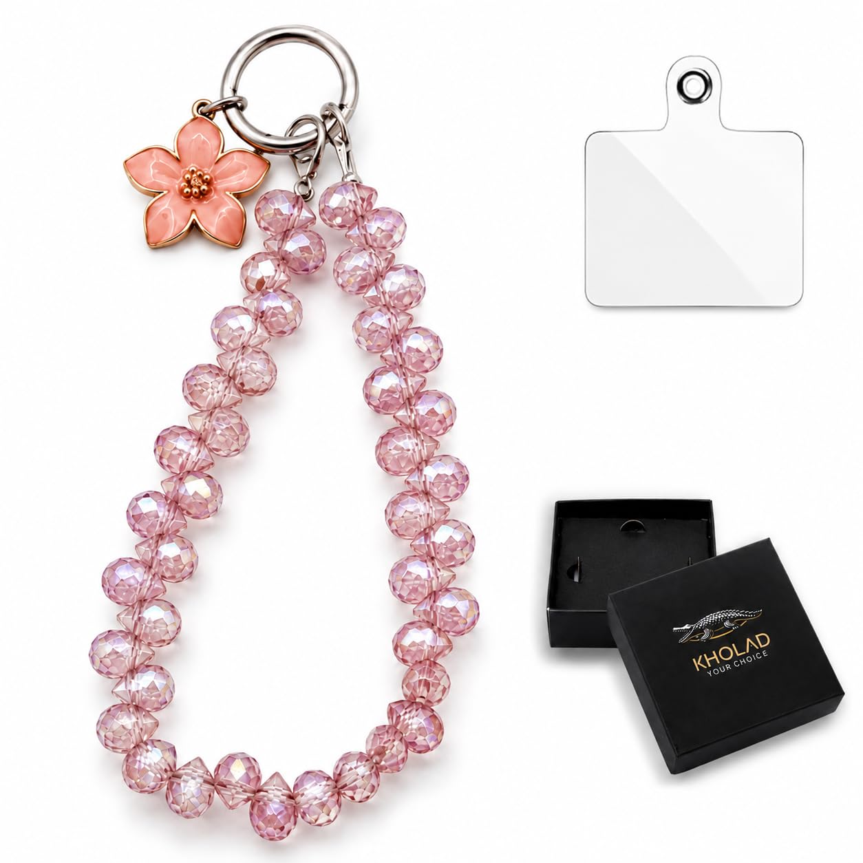 KHOLAD Crystal Pink Beaded Phone Charm Strap with Flower Pendant | Elegant Wrist Lanyard & Keychain Accessory for Smartphones, Bags & Purses | Gift For Girl, Women's, Wife-image-12