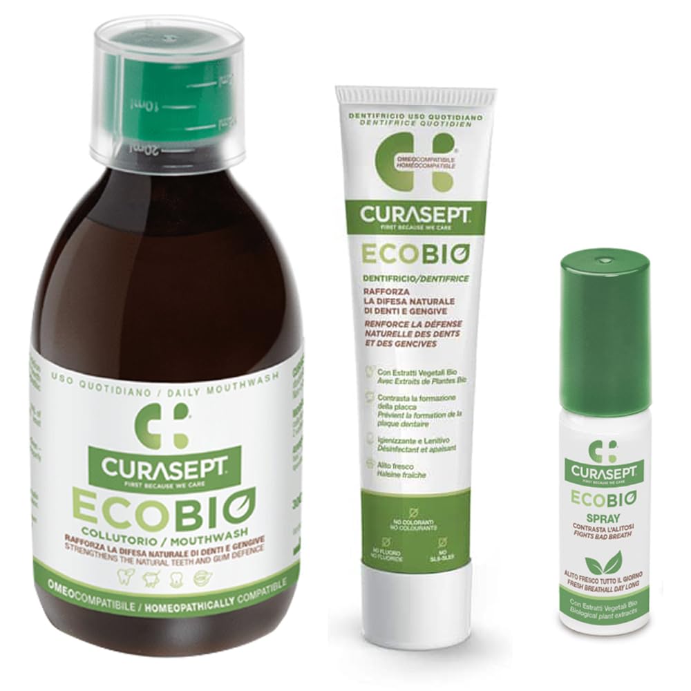 EcoBio Curasept Kit Igiene Orale | Collutorio 300 ml + Dentifricio 75 ml + Spray Orale 20 ml | Protezione Gengive e Alito Fresco | Estratti Vegetali Bio | Senza Fluoro e Coloranti