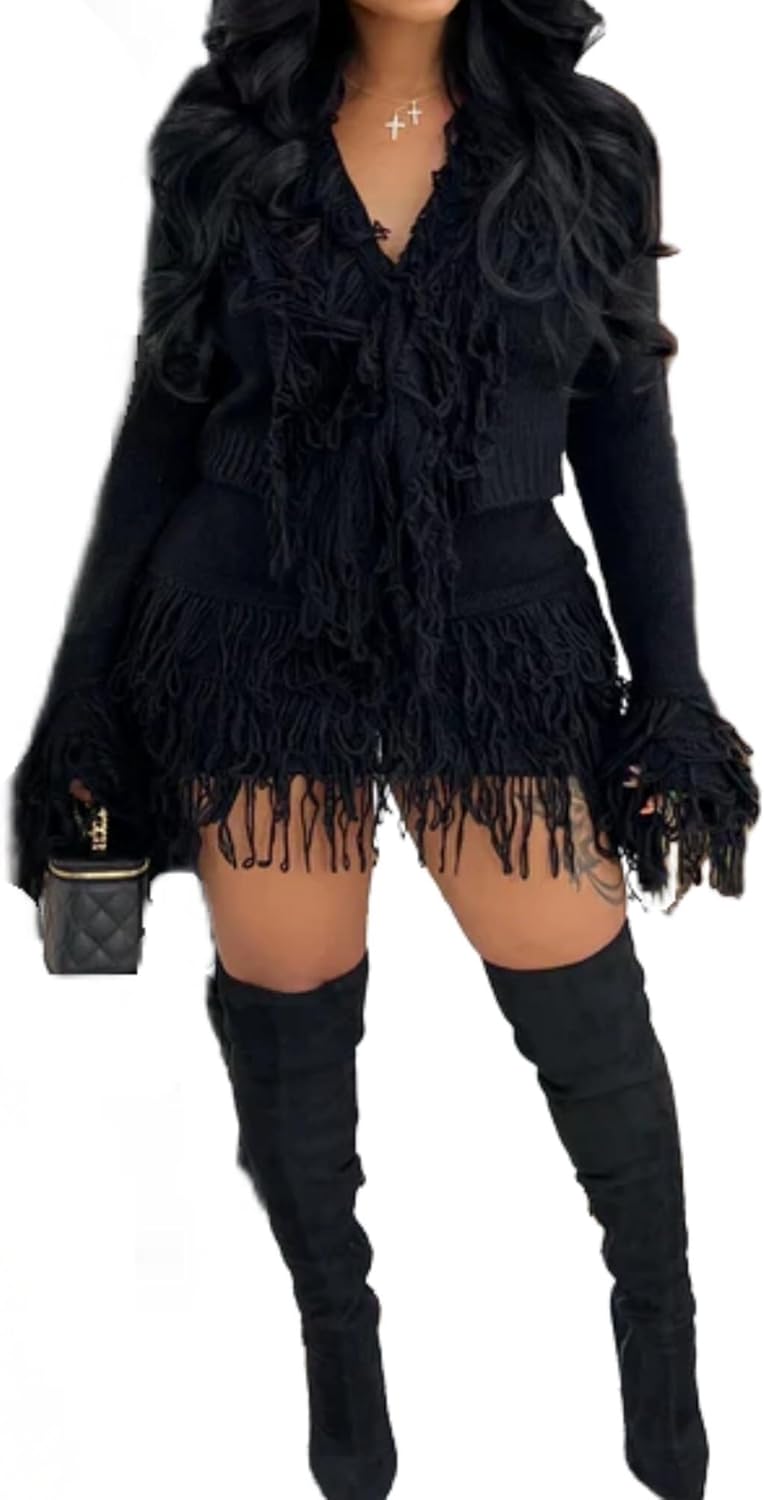 Women's Fringe Knit Cardigan And Mini Skirt Set, Long Sleeve V-Neck Sweater With Tassel Detail