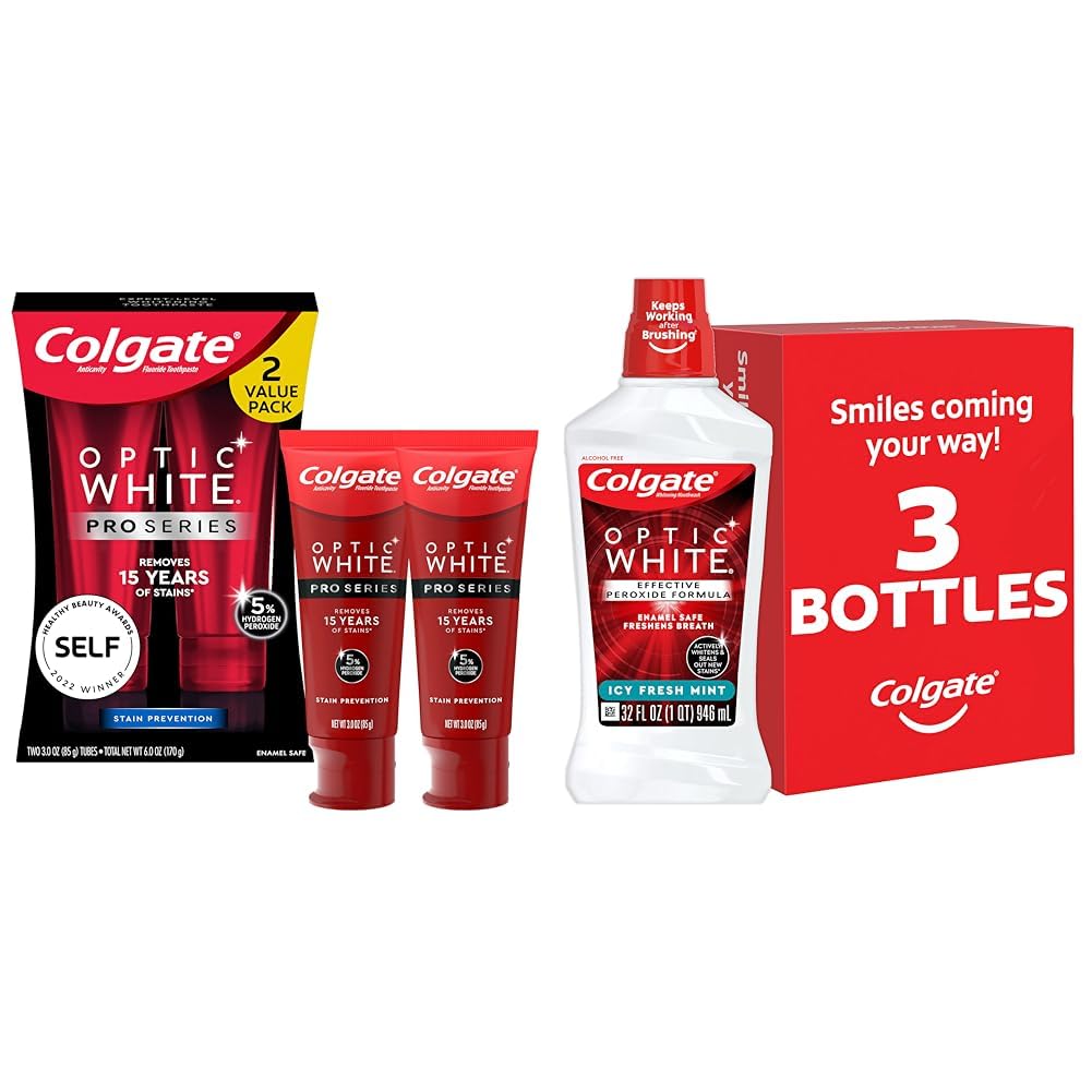 ColgateOptic White Pro Series Whitening Toothpaste with 5% Hydrogen Peroxide & Optic White Whitening Mouthwash, 2% Hydrogen Peroxide, Fresh Mint, 32 Ounce, 3 Pack (Packaging May Vary)