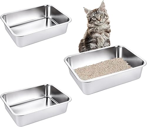 3 paquetes de arena para gatos de acero inoxidable para gatos grandes, lados extra altos y caja de arena de metal duradera para gatos de tamaño XL