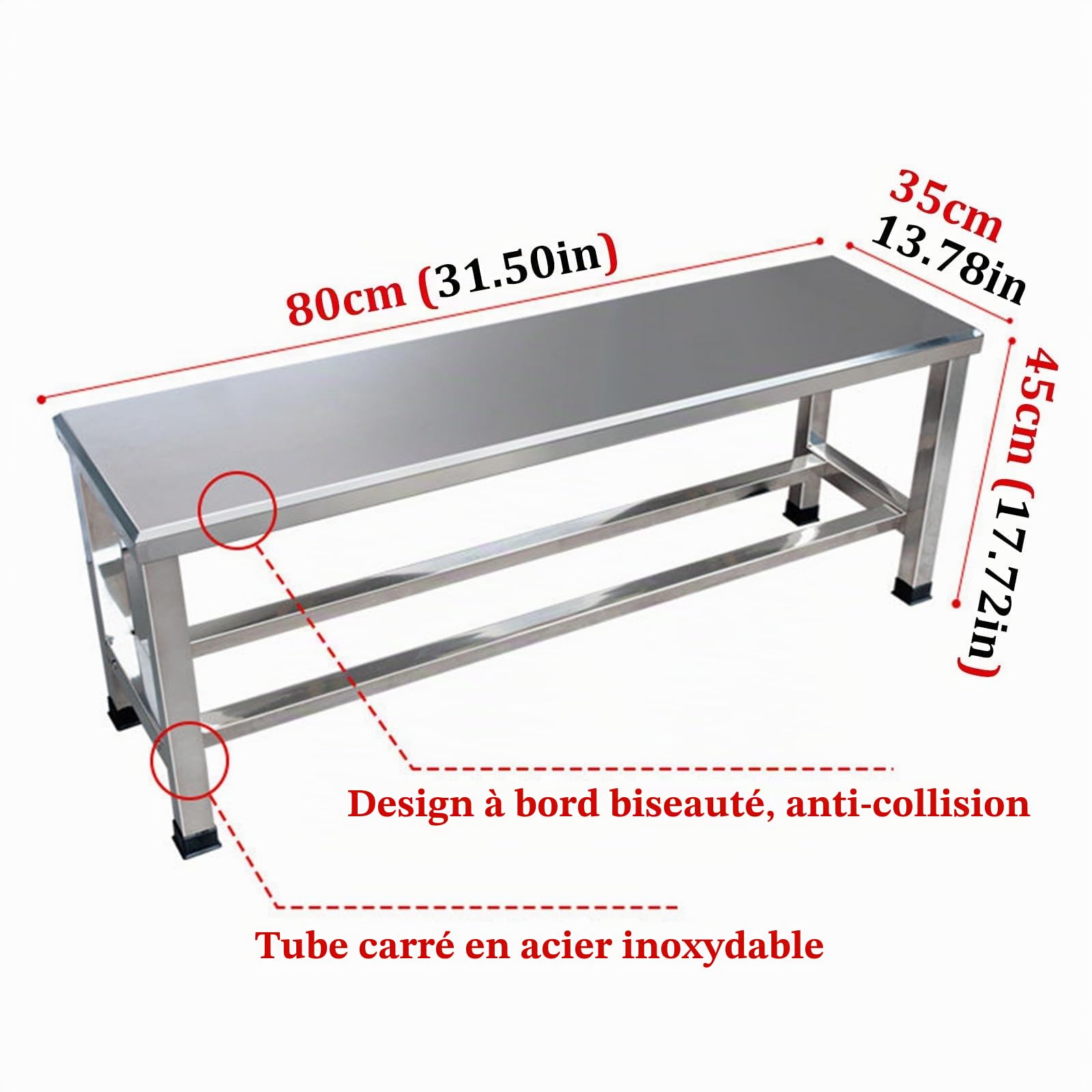 Banc de Jardin Extérieur en Acier INOX 304 sans Dossier, Capacité de 250kg