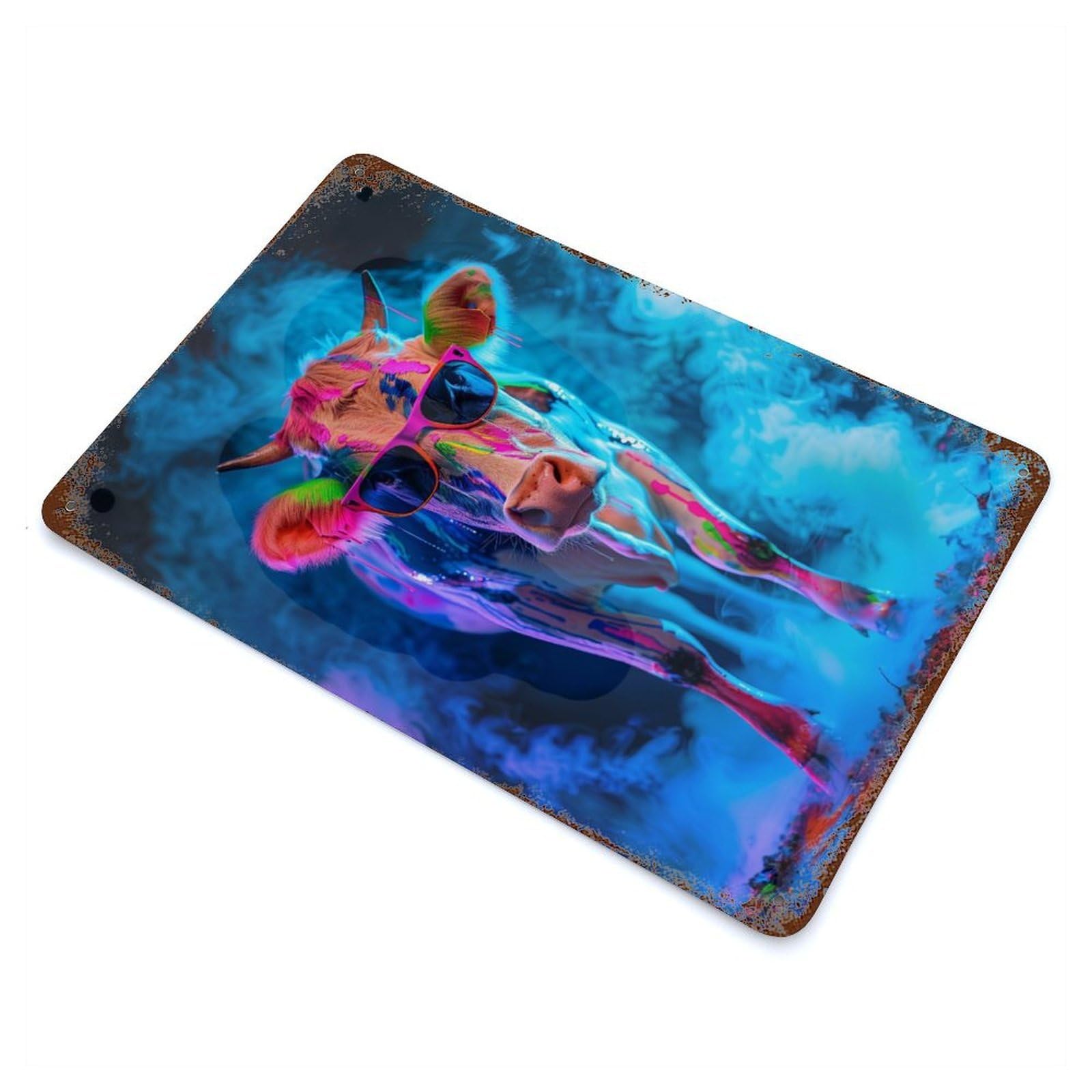 Weathered Tin Sign with Cow In Colorful Paint Design 11.8"x7.9", for Basement, Hobby Room And Garage Decor, Industrial Home Decor