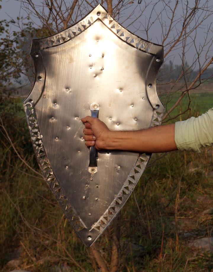 Medieval Knight Shield, Grey Metal with Silver Ornate Design, Decorative Wall Display By VIRTUOUS ANTIGUO ATELIER 4