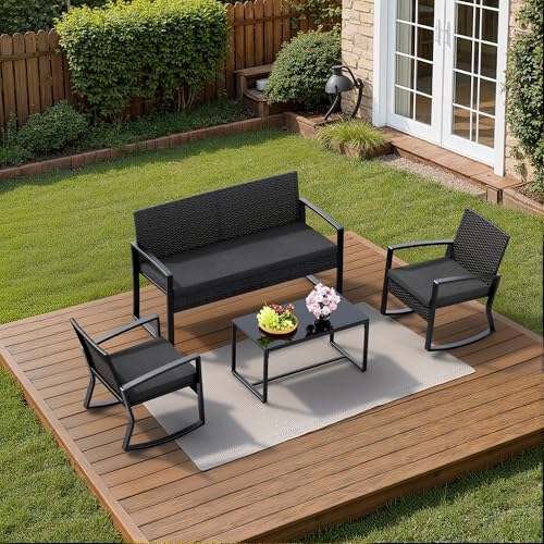 Image of Ahomly 4 Piece Outdoor Patio Furniture Set with Rocking Chairs, Black