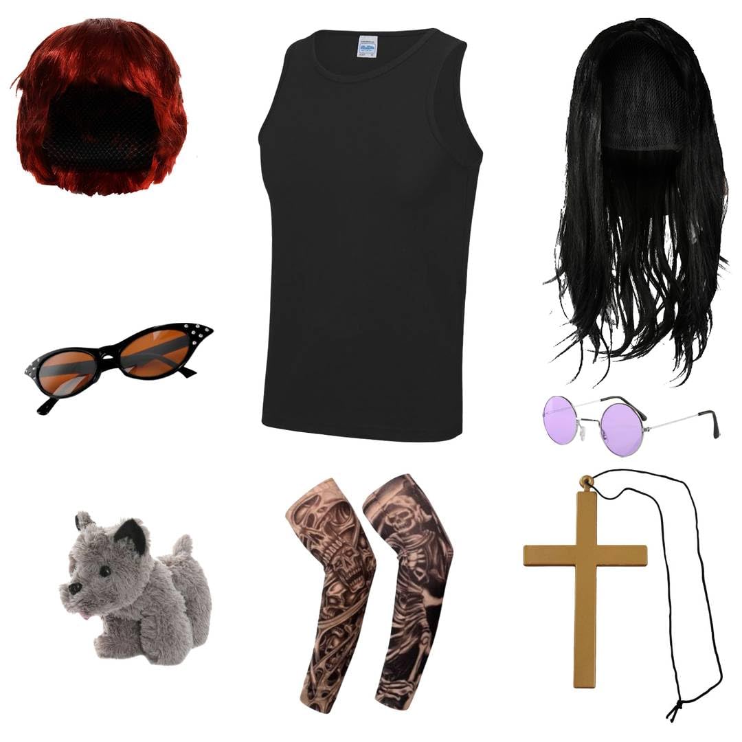 Adults Osbourne Couples Costume - Large - Black Vest, Black Wig, Round Glasses, Gold Cross, Tattoo Sleeves, Red Wig, Sunglasses, Toy Dog - Adults Music TV Celebrity Fancy Dress Costume