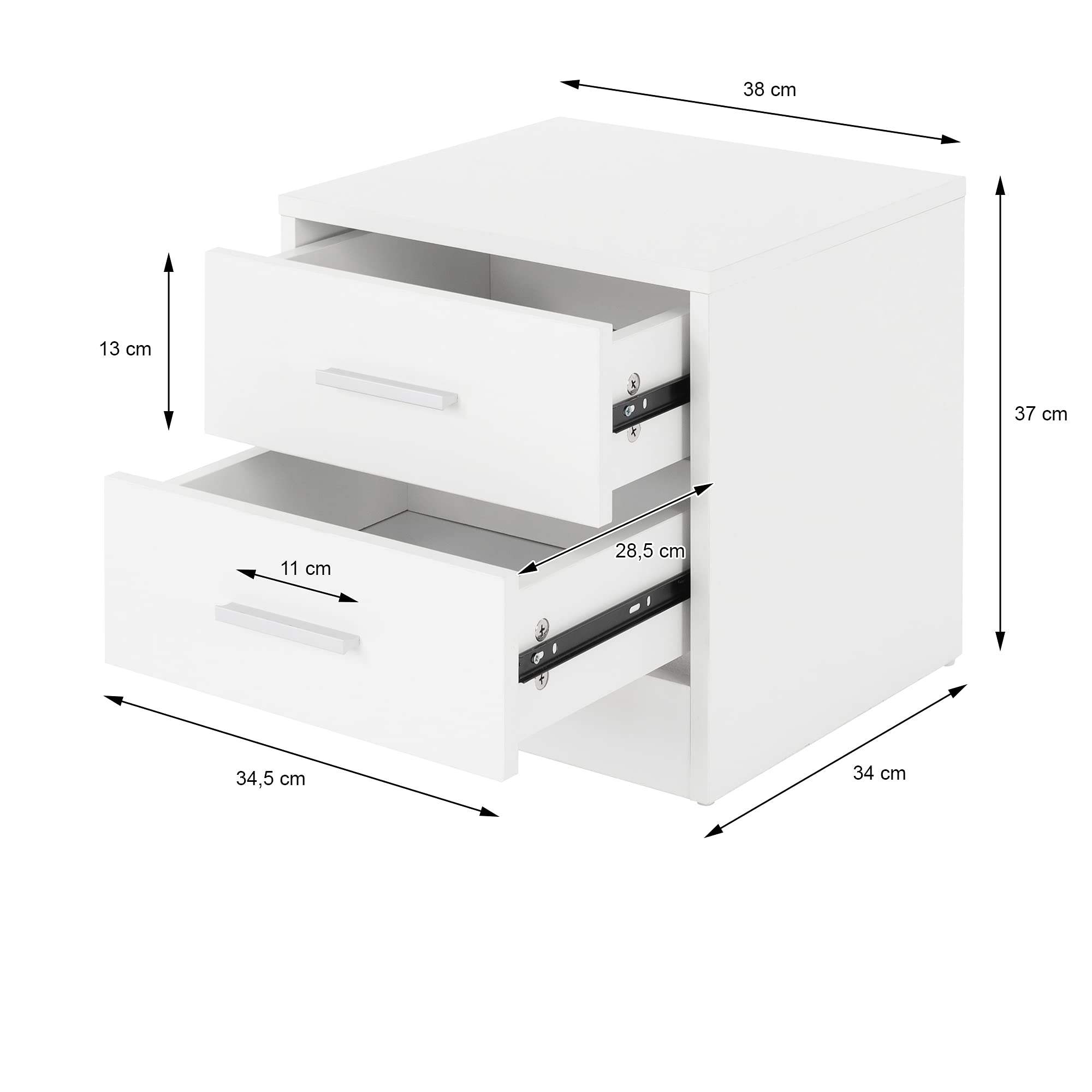 ML-Design Set di 2 Comodini con 2 Cassetti e Ripiano d'Appoggio in Legno Maniglia in Alluminio - 38 x 37 x 34 cm - Tavolino Camera da Letto Coppia di Comò da Notte Mobiletto Armadietto Arredo Bianco