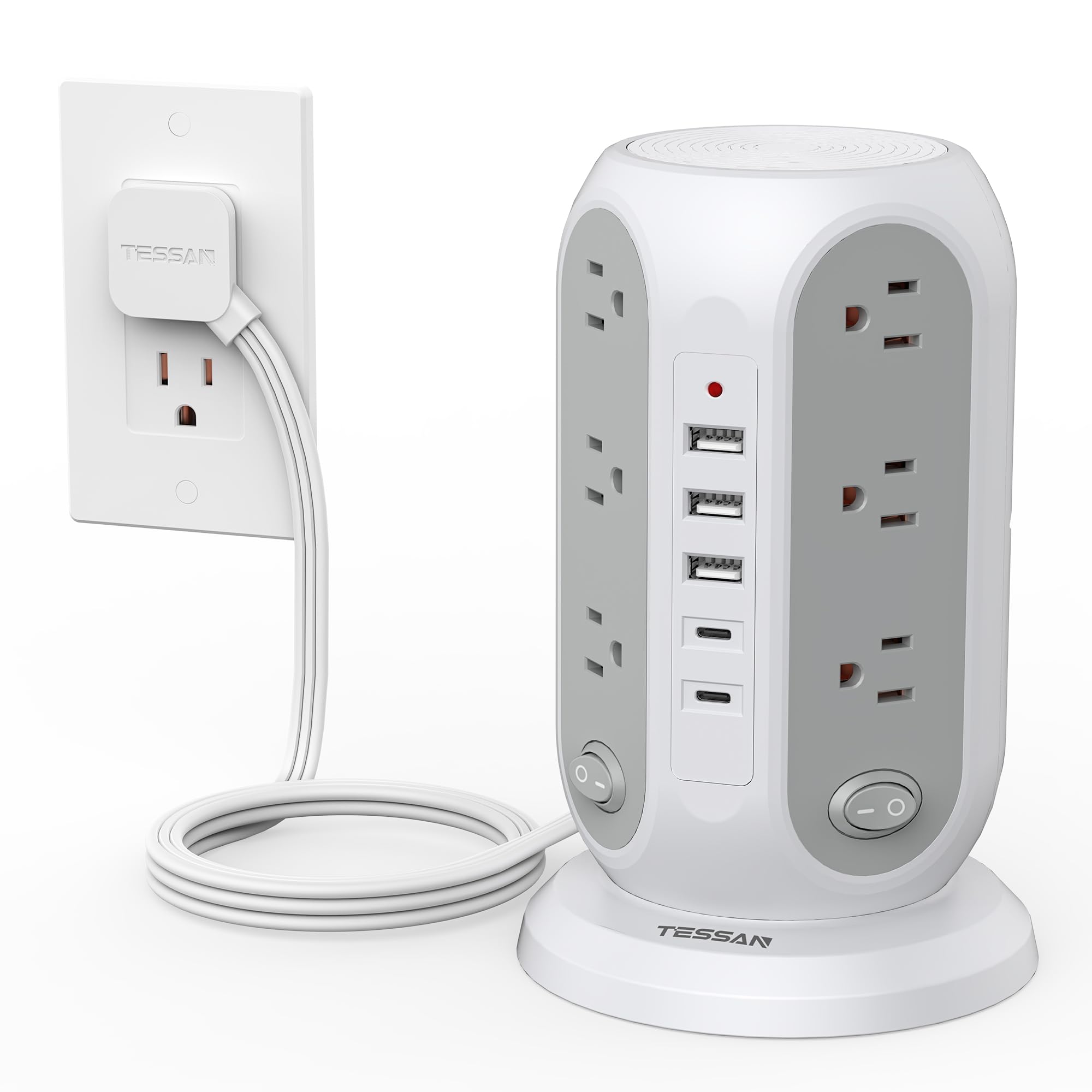 TESSAN Tower Power Strip Surge Protector, Flat Extension Cord 6 Ft, Grey 6 FT Grey