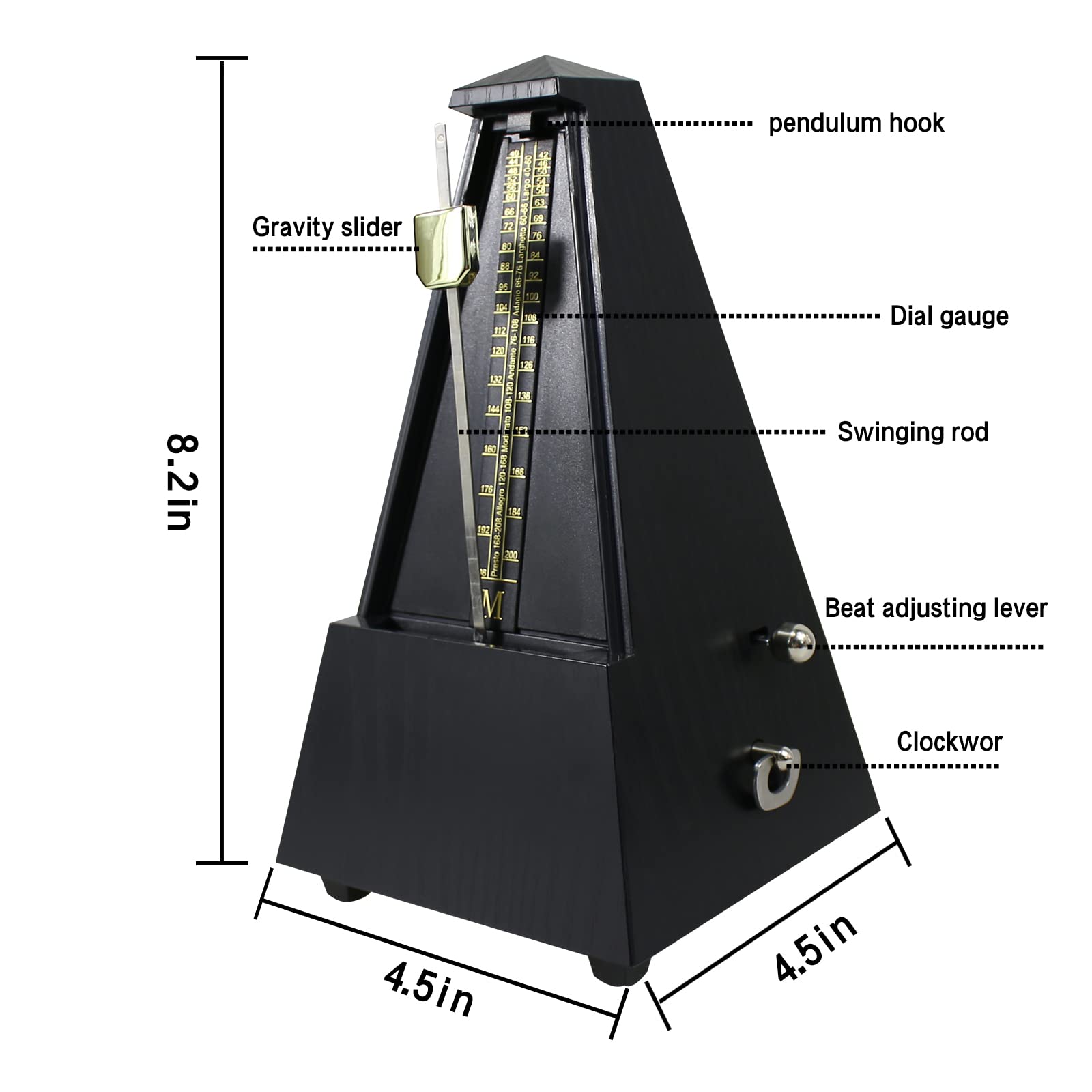 Metrónomo mecánico, temporizador de música universal para piano, guitarra, batería, violín y saxofón, metrónomo musical DPM-1 diseñado en pirámide, color ébano