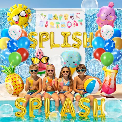 Pool Party Decorations Splish Splash Summer Party Decorations 76Pcs Beach Parties Decoration With Foil Balloon Latex Balloon Happy Birthday Banner Foil Curtain And Bobo Balloon For Luau Hawaii Party by RJZZ - Used condition - Image 4