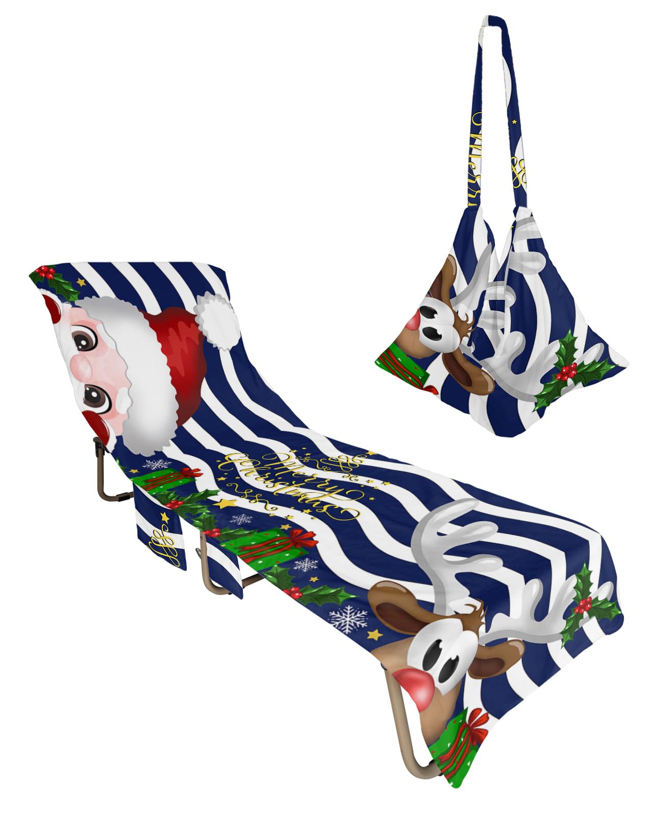 Blue Santa Christmas Beach Lounge Chair Towel Cover, Soft Chaise Lounge Towel with Side Pockets Patio Pool Chairs Cover for Beach/Pool Sunbathing 29x85 Xmas Elk Snowflake Red Moire Geometric