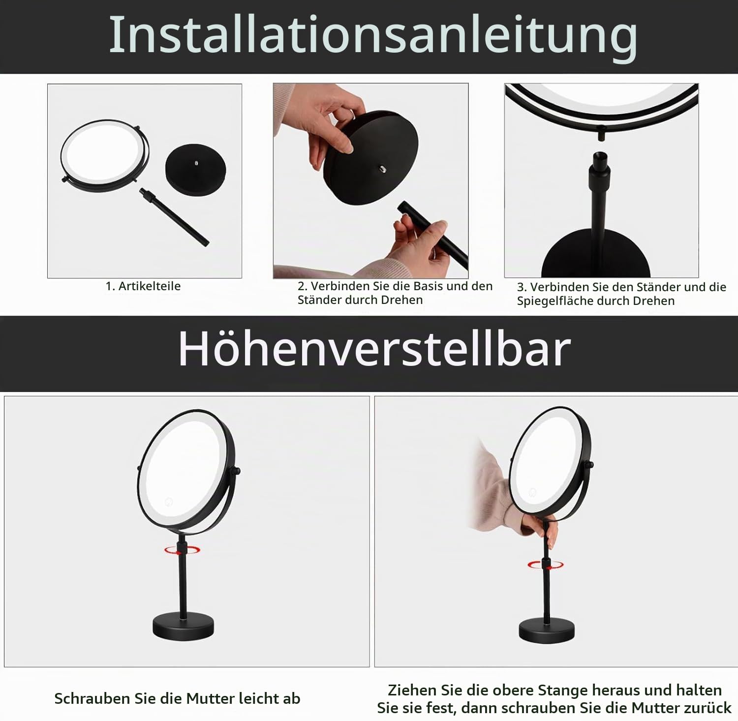 Nicesail Tischspiegel Höhenverstellbar Schwarz Schminkspiegel mit Beleuchtung Wiederaufladbar Kosmetikspiegel mit Vergrößerung 5X,Durchmesser 20cm