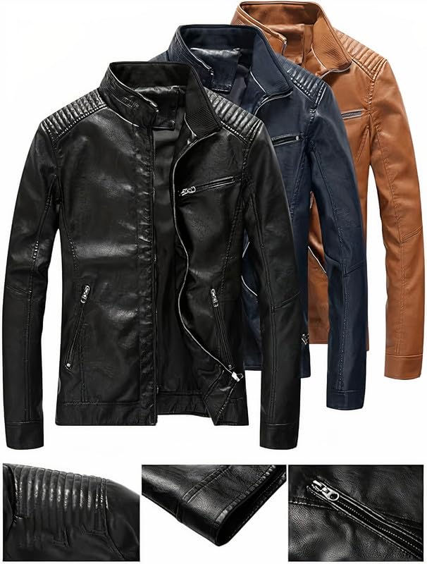 Image of Leather Retail Men Black Faux Leather Biker Jacket with Zipper Pockets