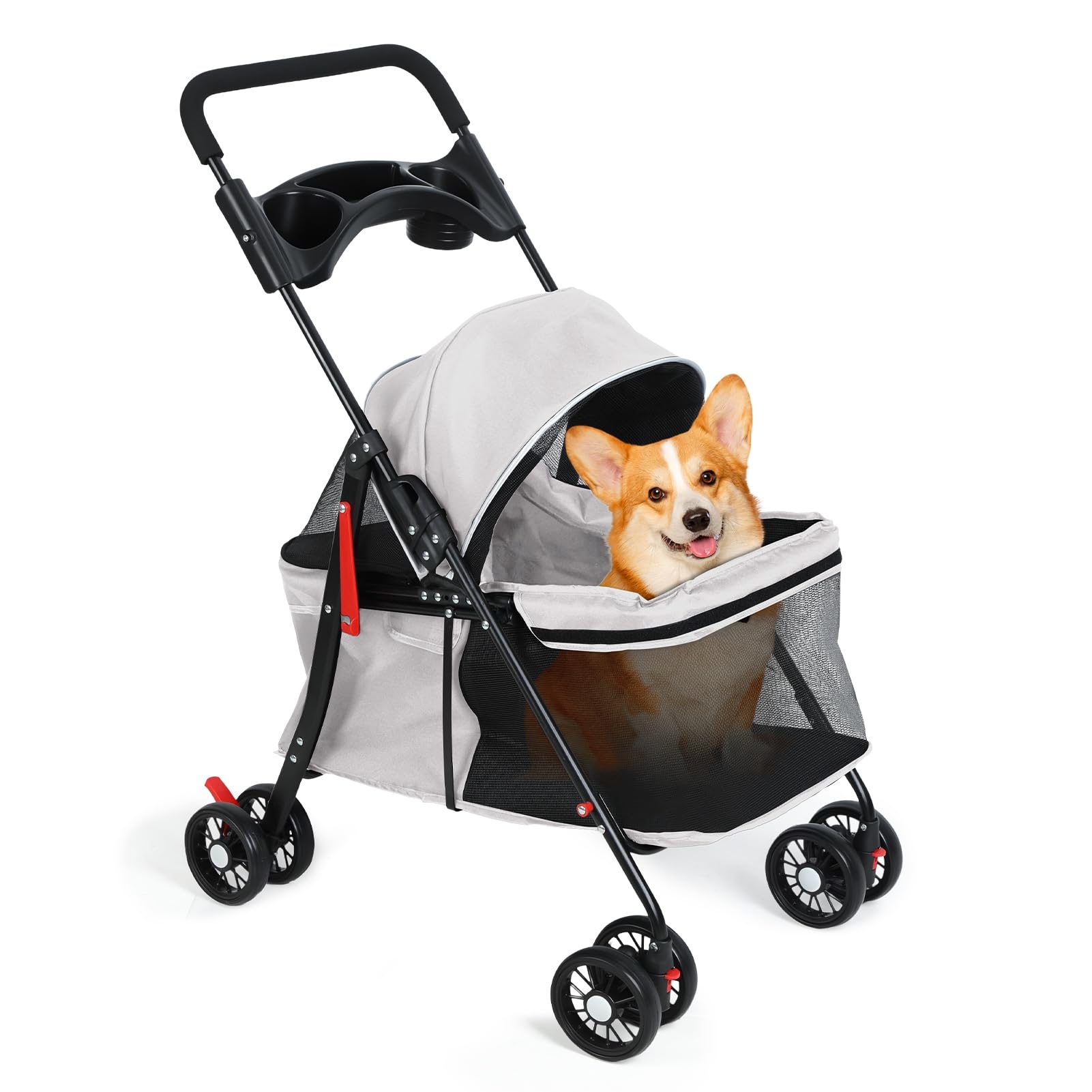 Cochecito para perros y gatos con portavasos, cochecitos plegables para perros pequeños, cochecitos medianos, cochecitos pequeños para mascotas, malla transpirable y visible, hasta 22 libras, color