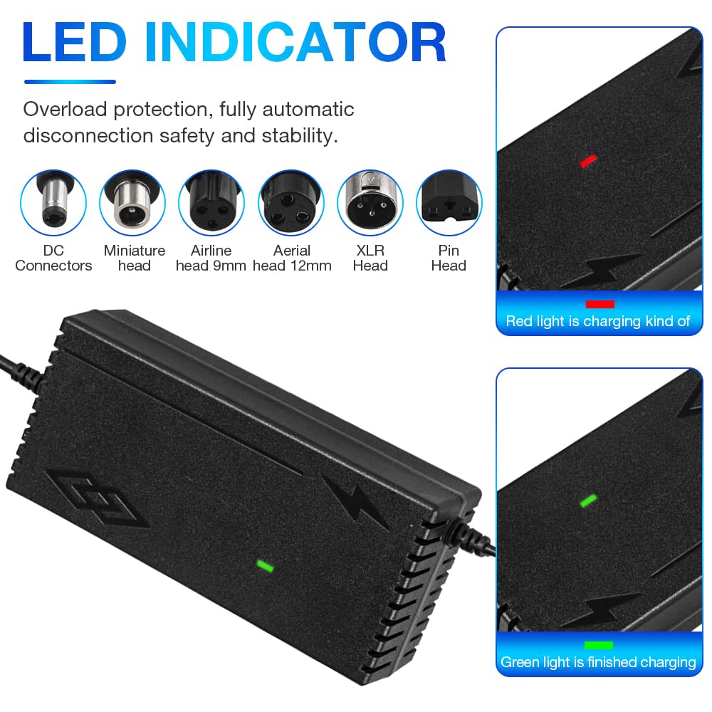 Chargeur de trottinette électrique 54,6 V 2 A, batterie adaptateur de courant avec 6 connecteurs Chargeur universel pour trottinette électrique Hoverboard vélo électrique avec indicateur LED 5,5 mm
