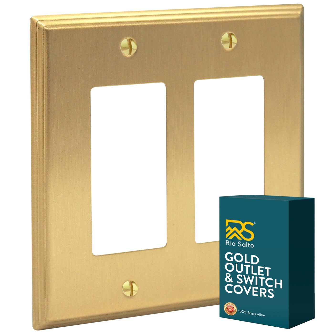 Rio Salto BRASS Rocker Light Switch Cover Plate Double Rocker 2 Gang Decorator Paddle GFCI Outlet Covers Brushed Brass Gold Metal Decorative Wall Plates — Deco Collection, Midsize, 5.00" X 4.94"