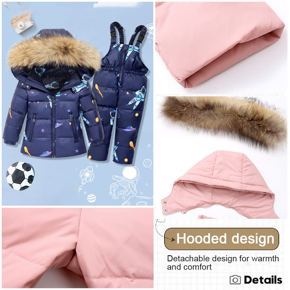 Conjunto de ropa de invierno para bebé/niño pequeño, 2 piezas, traje de esquí, traje de invierno de dos piezas (chaqueta de plumón con capucha de pelo + pantalones de plumón/peto)
