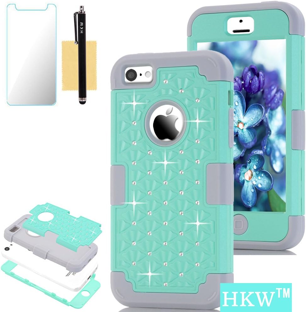 iPhone 5C Case,HKW Bling Rhinestone 3 in 1 Armor Shockproof Diamond Protective Back Case Cover for Apple iPhone 5C with Stylus Pen (Mint Green/Grey) (MA1588)