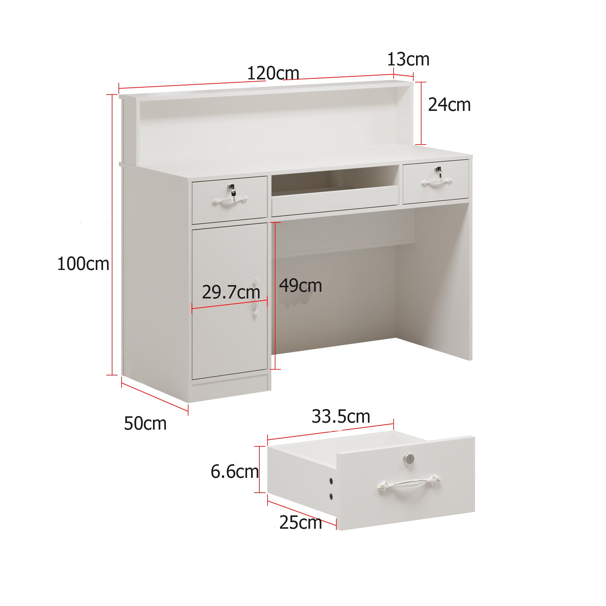 Mueble recepción, Mostrador de recepción, Mostrador de Tienda, Mostrador de Venta, con cajón para Teclado, Mueble de recepción, Blanco, MDF, 100cm X 120 cm X 50 cm