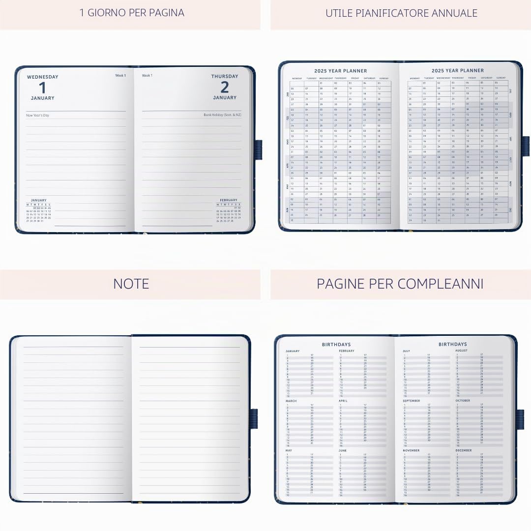 Busy B - Agenda giornaliera compatta da gennaio a dicembre 2025 - Pianificatore A6 Navy Spray con pagine allineate, note e pianificatore annuale