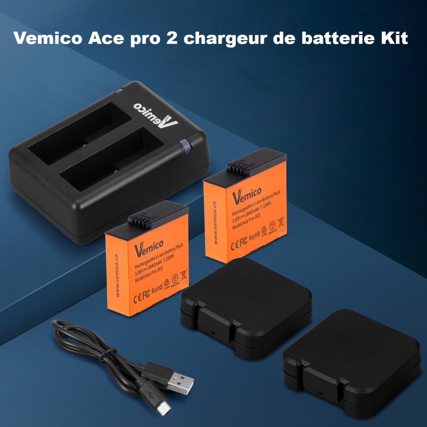 Vemico 360 Ace Pro 2 Chargeur de Batterie Kit 2 Batteries de Rechange 1840 mAh Chargeur LED Double Canal de Type C avec Interface de Chargement Micro USB pour caméra 360 Ace Pro 2/360 Ace/360 Ace Pro