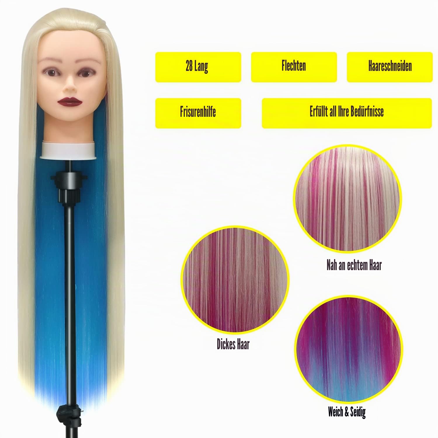 Trainingsköpfe, 28 inch Übungskopf Frisierkopf Friseur 100% Synthetikfaser-Haar Styling Kopf Frisierkopf für Frisöre mit kostenloser Klemme und DIY Flechtset (Bunt)