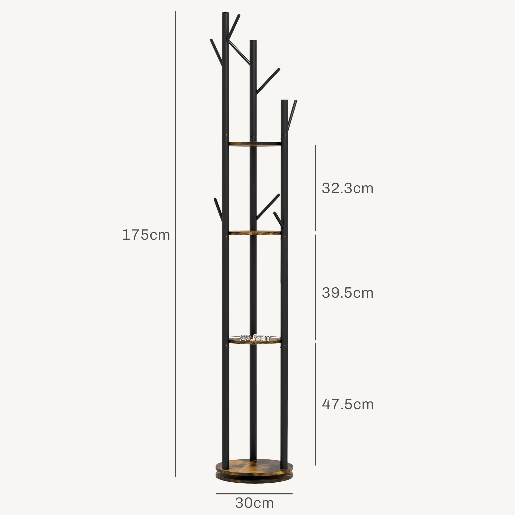 HOMCOM Appendiabiti da Terra Girevole con 8 Ganci e 4 Mensole, Attaccapanni Stile Industriale per Ingresso e Camera, Ø30x175cm, Marrone
