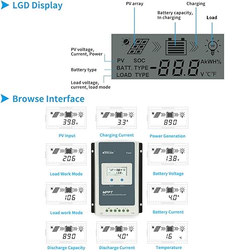 Miniatura 2 de EPEVER Controlador de carga solar MPPT 60A 48V36V24V12V Auto, controlador solar de tierra negativa Max 150V 4500W entrada apta para batería de