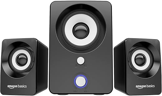 amazon basics Multimedia Speaker | USB Powered | Wired Desktop Speakers with Powerful Bass | Built-in Subwoofer (Black)