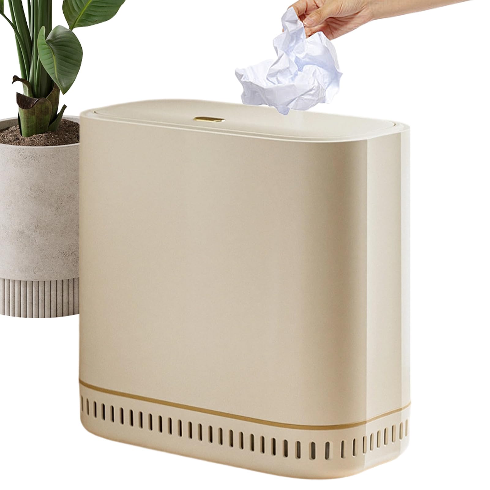 Cubo de basura para baño antiolores con tapa a presión de diseño delgado para debajo del gabinete